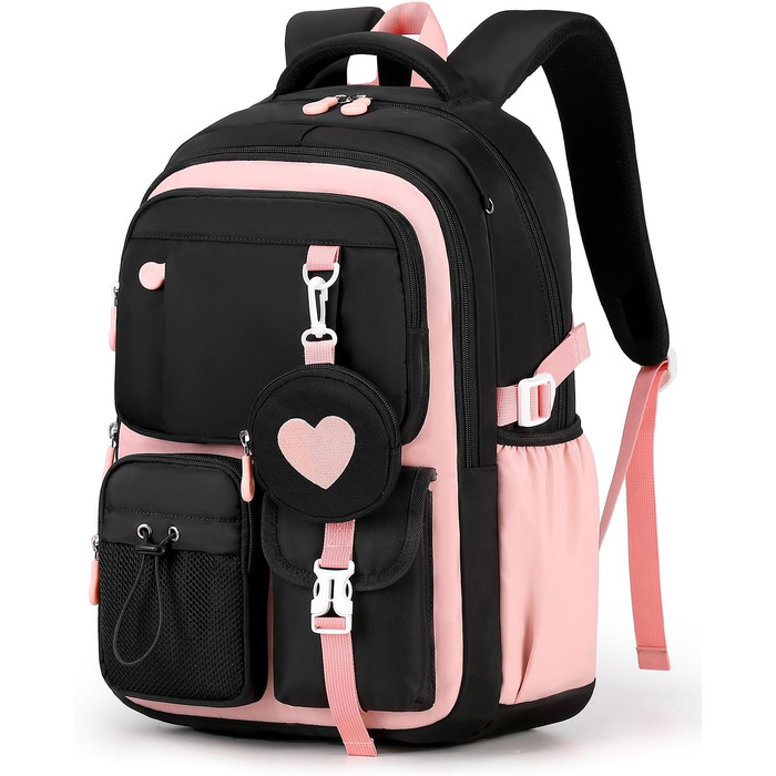 Шкільний рюкзак для дівчаток Tanou: стильний, зручний, з дихаючої тканини Oxford (3-5 клас, чорно-рожевий)