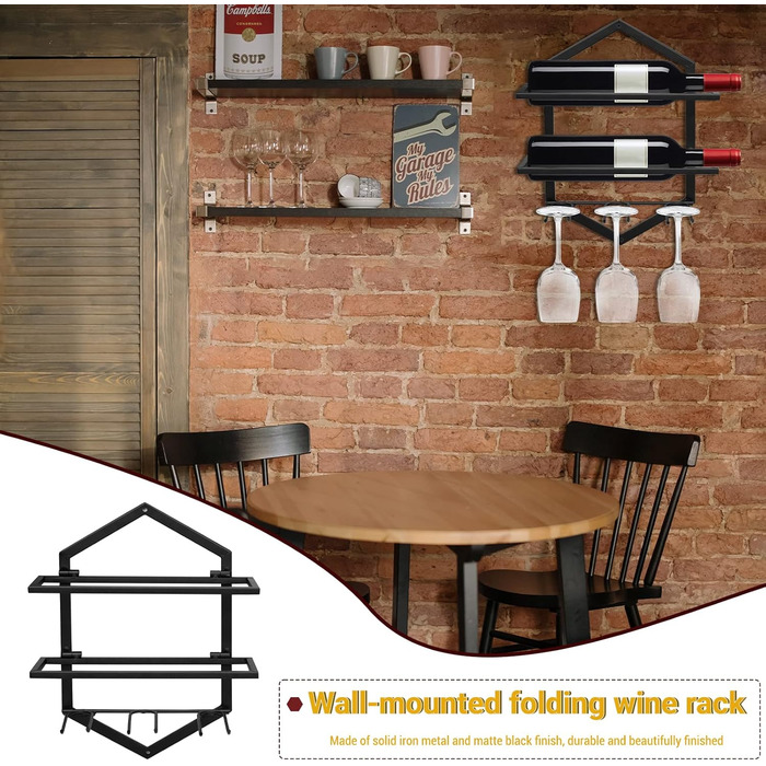 Giyiprpi Metal Wall-Mounted Wine Rack, Hanging Wine Glass Holder Organizer for 2 Bottles and 3 Glasses Included, Wine Shelf Red Wine Rack for Home Kitchen Bar Display Decor (Black 2)
