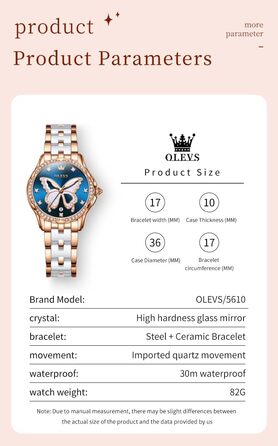 Годинник жіночий OLEVS з діамантами, елегантний, рожеве золото, керамічне скло, блакитний циферблат