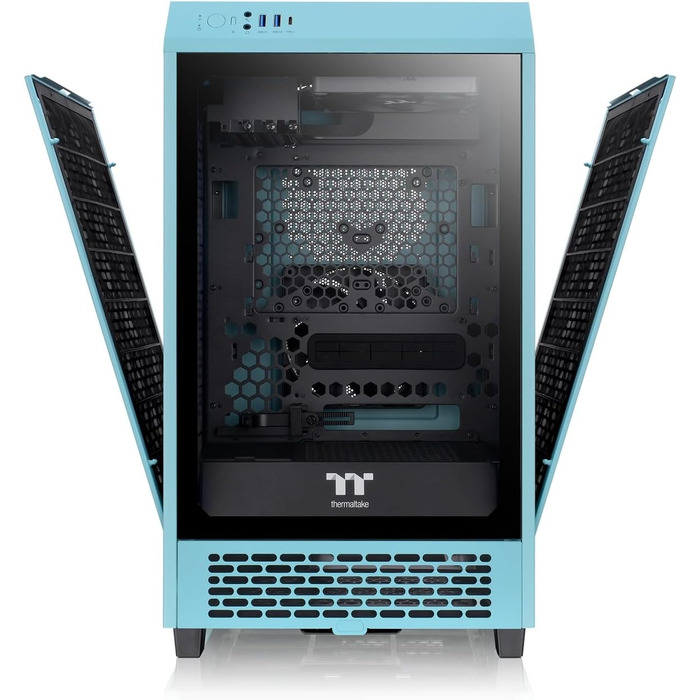 Корпус Thermaltake The Tower 200 Turquoise Mini-ITX з вертикальним розташуванням, загартоване скло, 2x CT140 вентилятори, підтримка AIO 280мм, GPU до 380мм