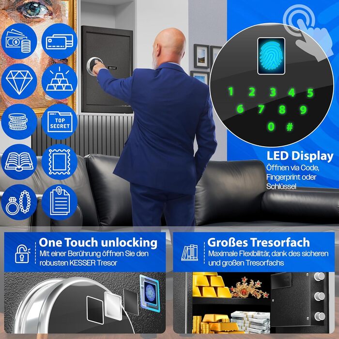 Електронний сейф KESSER® з відбитком пальця та замком | З резервним акумулятором | Сейф для підлоги, стіни, меблів | Чорний | 3-х болонцева замикання