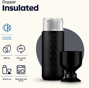Dopper Insulated Stainless Steel Thermos Bottle - 580ml, Leak-Proof, 24h Cold/9h Hot - Black