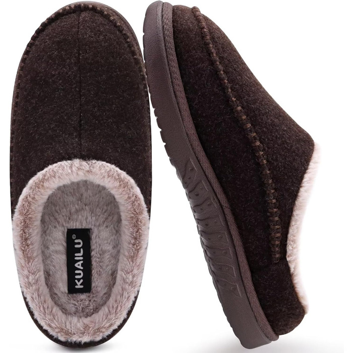 Чоловічі капці KuaiLu з піною з пам'яті, зручні, ручної роботи, з мікрозамшею, Slip-On, з підтримкою склепіння стопи, з теплим штучним хутром, гумова підошва, для дому та вулиці (41 EU, Колір: Коричневий)