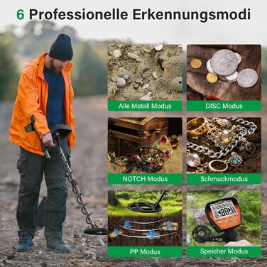 Металодетектор OMMO Profi для дорослих та дітей, USB, пошук золота, 6 режимів, водонепроникний IP68, прецизійний, комплект з лопаткою (Помаранчевий)