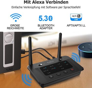 1Mii B03 Bluetooth 5.3 Передавач Bluetooth для TV з aptX HD, низькою затримкою, для 2 навушників, велика відстань, оптичний, AUX, RCA