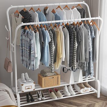 Стійка для одягу на підлозі з металу з полицею для взуття та нижньою полицею, для спальні. Металева стійка для одягу з подвійними вішалками (біла)
