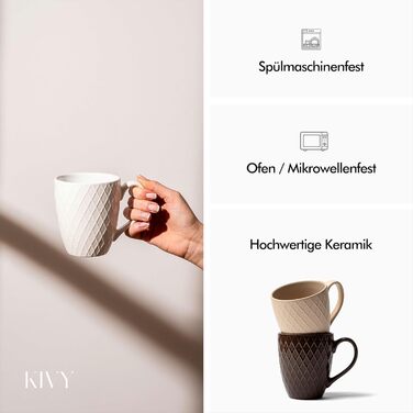 Набір кавових чашок KIVY 6 шт. по 400 мл - великий набір кави, чайний набір, керамічні чашки, кавоварки, набір чашок (пастельно-бежевий)