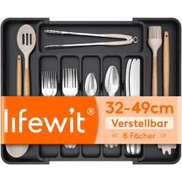 Органайзер для столових приборів Lifewit в шухляду, розсувний, чорний, 6-8 відділень, 35-49 см