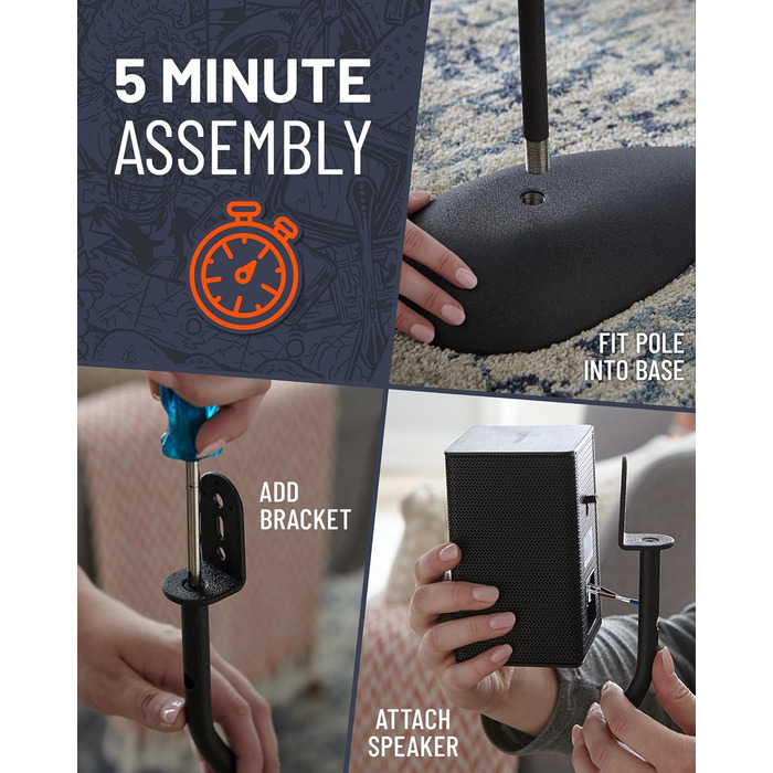 Підставка для акустики ECHOGEAR з регулюванням висоти - універсальна сумісність, сталевий каркас, кабель-менеджмент, антиковзні ніжки