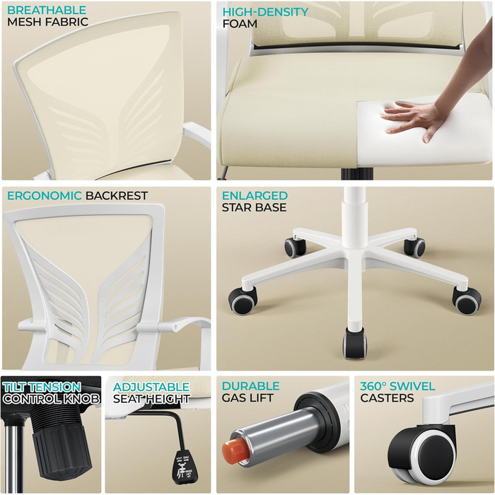 Офісне крісло Yaheetech ергономічне з регулюванням висоти, поворотне, з м'яким сидінням, для офісу/кабінету, бежеве