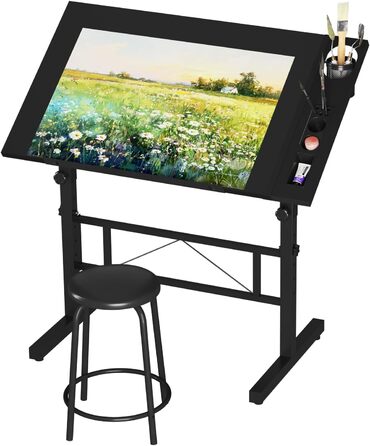 Adjustable Drafting Table with Tilting Surface (0-60°) - Height Adjustable Art Table with Stool and Storage for Home & Office - Black Wood Finish