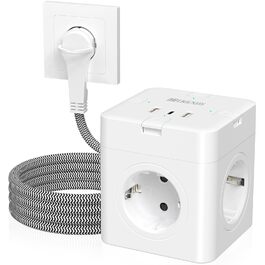 Блок розеток з USB-C, 4 розетки, плоский штекер, індивідуальне вмикання, сплетене кабель 2м для офісу, дому, подорожей - білий