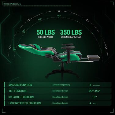 Ігровий крісло Dowinx з підлокітниками 4D та підніжкою - ергономічний геймерський стілець, 150 кг (зелений)
