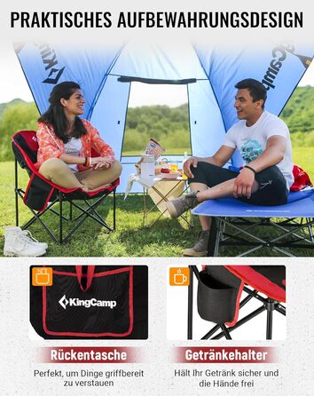 Крісло для кемпінгу KingCamp Moonchair XXL: зручне, з підлокітником, витримує до 205 кг, для відпочинку на природі, саду, риболовлі та балкону (червоний)