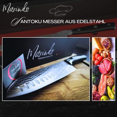 Японський ніж Santoku Marindo® з нержавіючої сталі 17,8 см | Ніж для кухні з дамаскною обробкою та стійкою дерев'яною ручкою | Універсальний японський ніж з подарунковою упаковкою | Гострий та нержавіючий