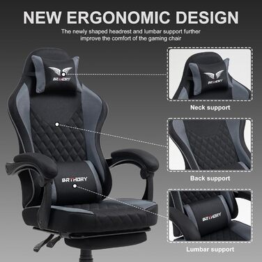 Геймерське крісло Racing Ergonomic Stoff – чорно-сіре з підставкою для ніг та регульованою спинкою (135°)