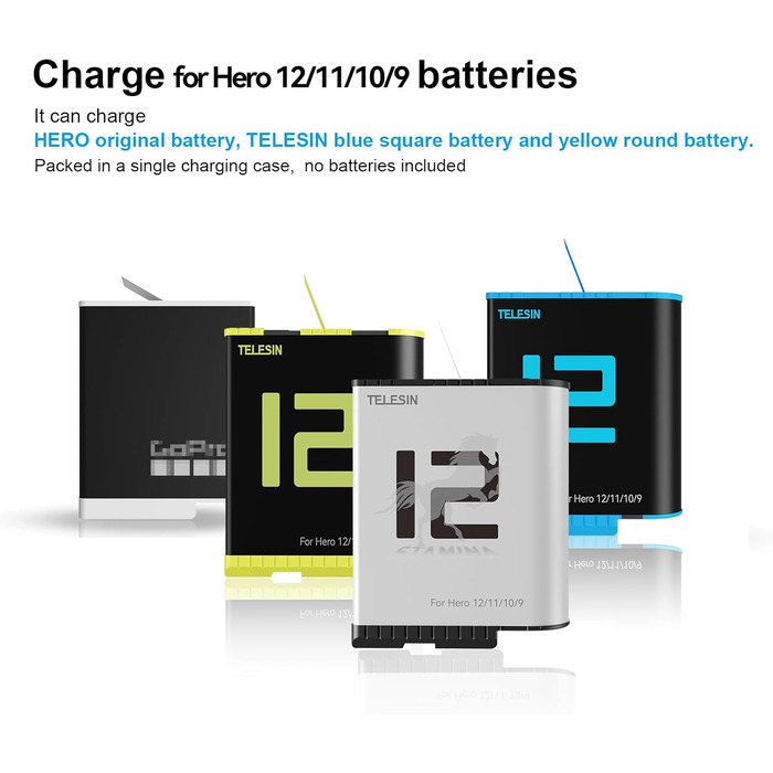 Зарядний пристрій для GoPro Hero 12/11/10/9 від Telesin: 3 слоти, 2 слоти TF-картки, портативний, з індикатором заряду