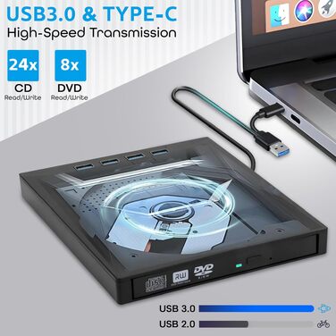 Зовнішній USB 3.0 CD/DVD-привід для ноутбука та ПК, портативний DVD-плеєр з 4 USB-портами та 2 слотами для TF/SD карт