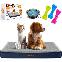 Lovpet® Orthopedic Dog Bed, Dog Cushion, Dog Basket Cookie, Incl. Bowl + 3X Chew Bones, Dog Sofa for Small, Medium & Large Dogs, Removable and Washable Cover, L 91x69x7.6 cm Anthracite (M (76 x 51 x 7.6 cm), Navy Blue / Light Grey)