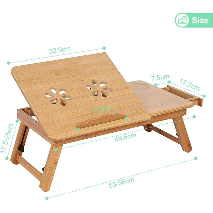 Стіл для ноутбука з бамбука, регульований та складаний: стіл-підставка для ноутбука з ящиком для дому, офісу та навчання