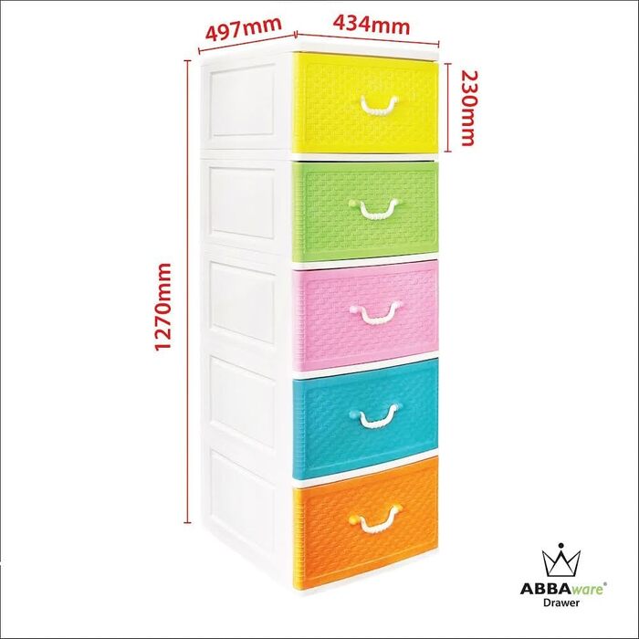 Chest of drawers 44x50x127 cm with 5 large XXL drawers, 40 liters per drawer, with fronts in beautiful candy colors and a modern woven look made from recyclable PP plastic for the environment.