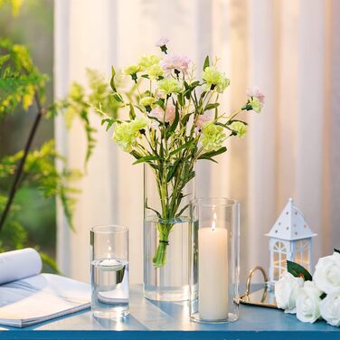 Candle Holders Glass Candle Holders Candle Stands Glass Cylinders: Romadedi 12-Piece Set of Candle Holders for Pillar Candles, Floating Candles, Candle Glass Vase for Wedding, Party, Dining Table, Table Decoration, Living Room Decor (15/20/25cm, 4 Sets)