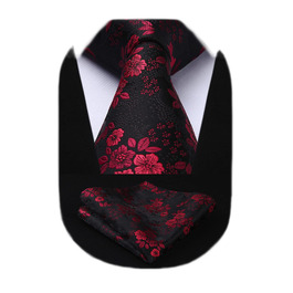 Чоловіча краватка HISDERN 160 см з кишеньковим хустиком. Набір для весілля, бізнесу. Шовкова краватка з квітковим принтом чорного та червоного кольорів.