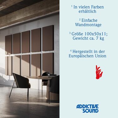 Акустична панель Addictive Sound Schallabsorber Wand Standard для стін та стелі, звукопоглинаюча панель класу A, світло-сіра, 100x50x11 см