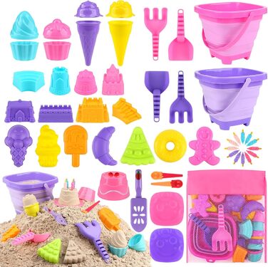 Joyreal 49 Pcs Sand Toy ICE Girl Boy - Sandbox Toys Beach Toys Children's Play Stable with Sand Shovel, Folding Bucket, Sand Molds, Mesh Bag Beach for Kids
