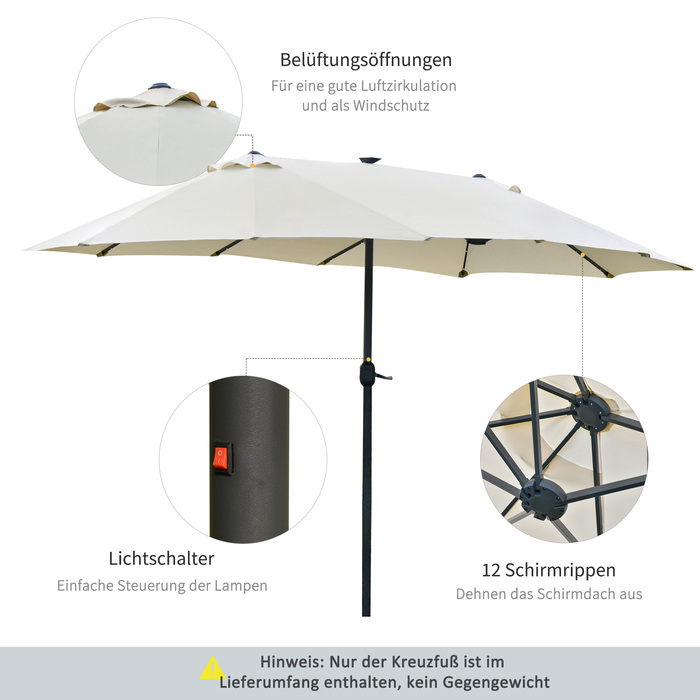 Outsunny Double Canopy Sun Umbrella with LED, 440 x 256 cm, Garden Umbrella with Hand Crank, Patio Umbrella in Cream White for Garden & Patio