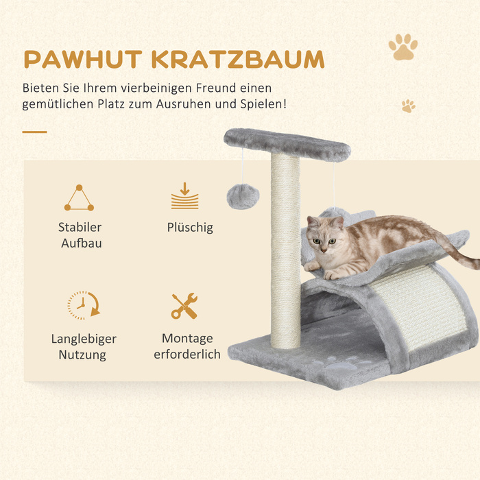 PawHut кішка-дерево, маленьке, 43H см, до 10 кг, з місцем для відпочинку, тунелем, іграшковим м'ячиком, сизаль, світло-сірий | Aosom
