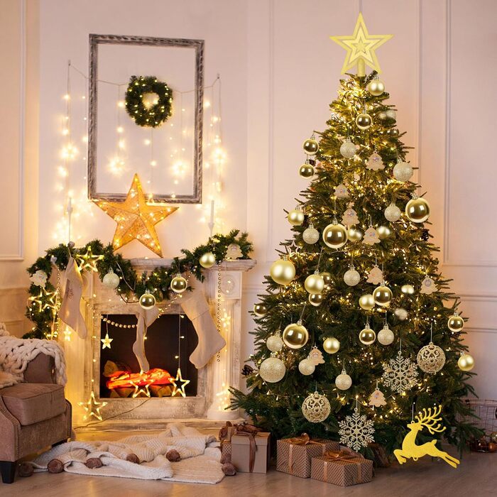 Набір прикрас для ялинки 141 шт., кульки для ялинки з пластику, матові, глянцеві, з блискітками, з вирізаним візерунком, ялинковий декор для дому та вулиці (золотий)