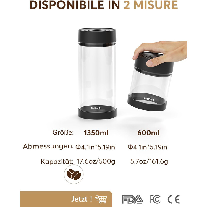 OUTPEAK 2025 Kilo Auto Вакуумна кавова банка 1,8L для 601.0 г кавових зерен, автоматичне управління, нержавіюча сталь, з ложкою, 6-місячний запас свіжості (Barista Champion's Choice) (G1350)