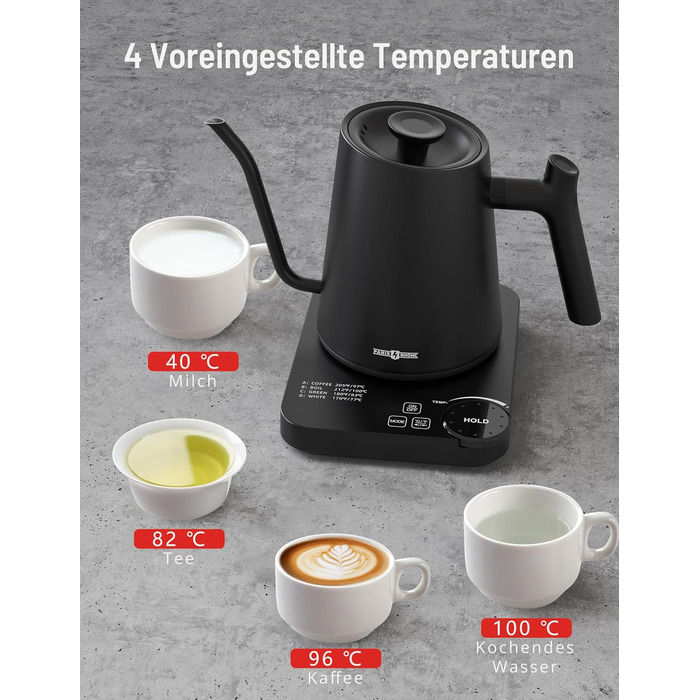 PARIS RHÔNE Swan Neck Kettle - 0.9L Temperature Control Kettle with Indicator, Knob, and 24-Hour Keep Warm Function - Dark Green