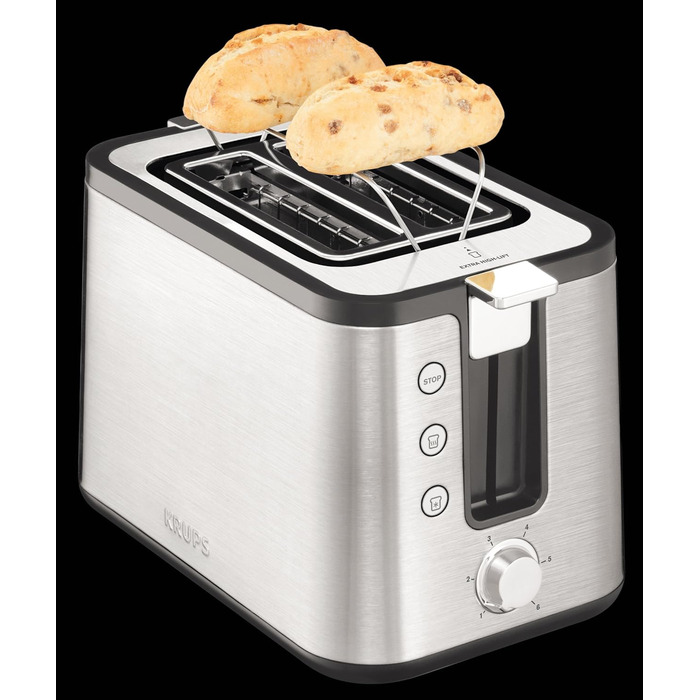 Krups KH442D Control Line Premium Toaster | Stainless Steel | 2 Short Slots for 2 Slices | Bagel Attachment | 6 Browning Levels | 850 W | 23.6 x 32.4 x 20.2 cm | Silver/Black