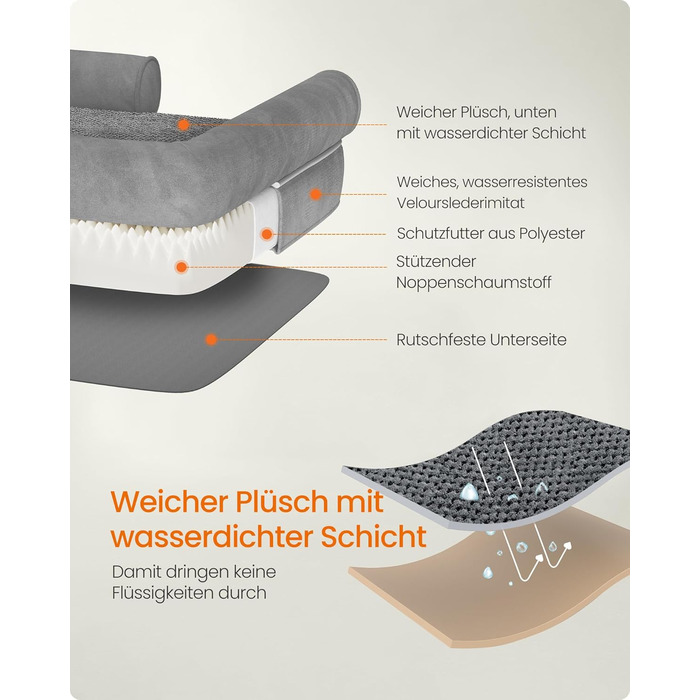 Ортопедичне ліжко для собак Feandrea, м'яке, з піднятими бортиками, 91 x 68 x 18 см, сірий колір, знімний чохол, неслизьке дно