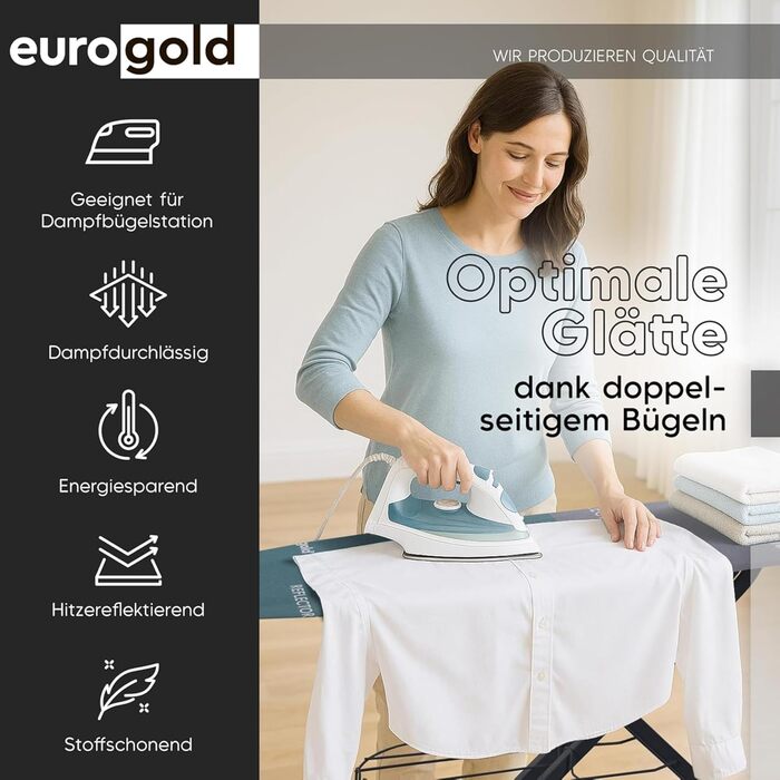 Прасувальна дошка EUROGOLD® XXL 120x42 см з розеткою для парогенератора – стабільна, регульована по висоті (зелена)