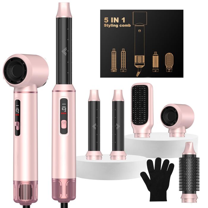 OKWRAP Haarstyler 5 в 1: Airbrush, фен, локони, випрямляч. Набір для створення зачісок (рожевий)