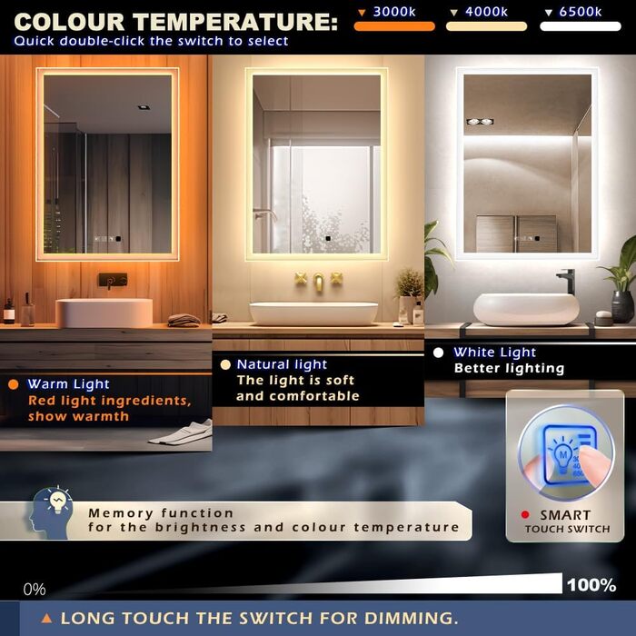 Дзеркало для ванної кімнати LED з підсвіткою, настінне, Bluetooth, антизапарник, IP44, вертикальне/горизонтальне (50x70 см)