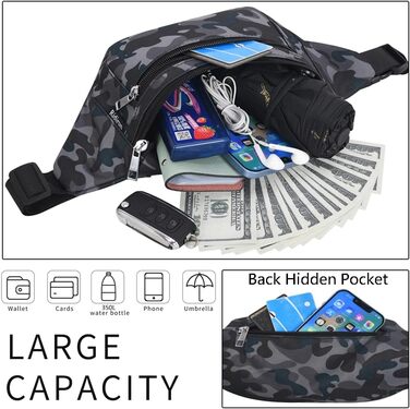 Чоловіча та жіноча поясна сумка-бананка, водонепроникна, для спорту, подорожей та активного відпочинку (камуфляж чорний)