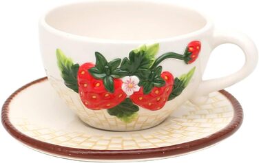 Dolomite coffee cup and saucer set with strawberry relief, size approximately 15.5 x 11 x 6.5 cm, cup with saucer, set of 6