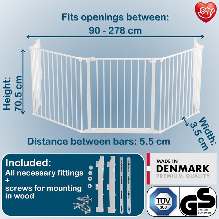 BabyDan Flex XXL: захисне бар'єр для каміну/сходи/кімнати, білий, 90-278 см, Данія