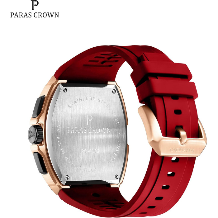 Чоловічий годинник-хронограф на кварцовому механізмі з японським годинниковим механізмом, 5ATM, корпус з нержавіючої сталі, тонка форма корпусу (Tonneau), силіконовий ремінець (рожево-червоний)