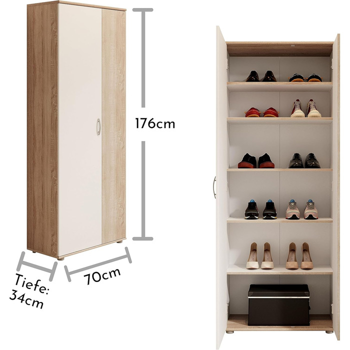 Stella Trading 3 Shoe Cabinet Tall, White - Versatile Multi-Purpose Cabinet with Adjustable Shelves - 70 x 176 x 35 cm (W/H/D) (Sonoma Oak / White)