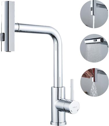 Змішувач для кухні BELZ з висувною лійкою, 3 режими, поворотний на 360°, з нержавіючої сталі SUS304, матовий хром