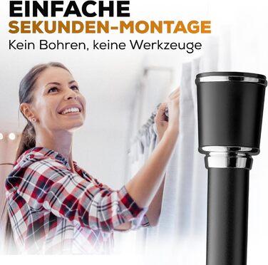 Штанга для штор Ø 32 мм, без свердління - штанга для душу та штори для вікон, перегородок та кухні (120-170 см, Чорний)