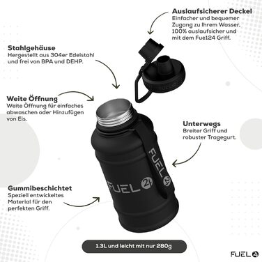 Extra Stark Stainless Steel Metal Water Bottle 1.3L & 2.2L - Leak-Proof & BPA-Free Stainless Steel Water Bottle - Robust Water Bottle Gym, Sports Stainless Steel Water Jug Bottle For Adults (1300 ml, Black)
