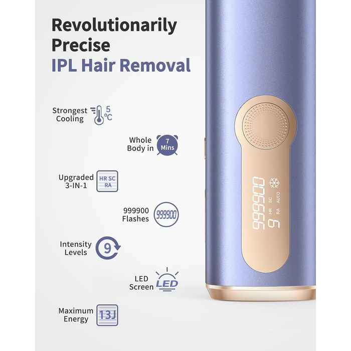 Пристрій для епіляції IPL Haarlosy з функцією охолодження - безболісна епіляція лазером, 3 функції (HR/SC/RA), 9 рівнів, 999 900 імпульсів для жінок та чоловіків, для обличчя, тіла, бікіні, ніг (фіолетовий)