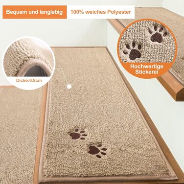 BEQHAUSE Non-Slip Stair Treads - 15 Piece Set, Washable Carpet for Stairs - Safe for Kids, Seniors & Pets - 22x70cm Beige
