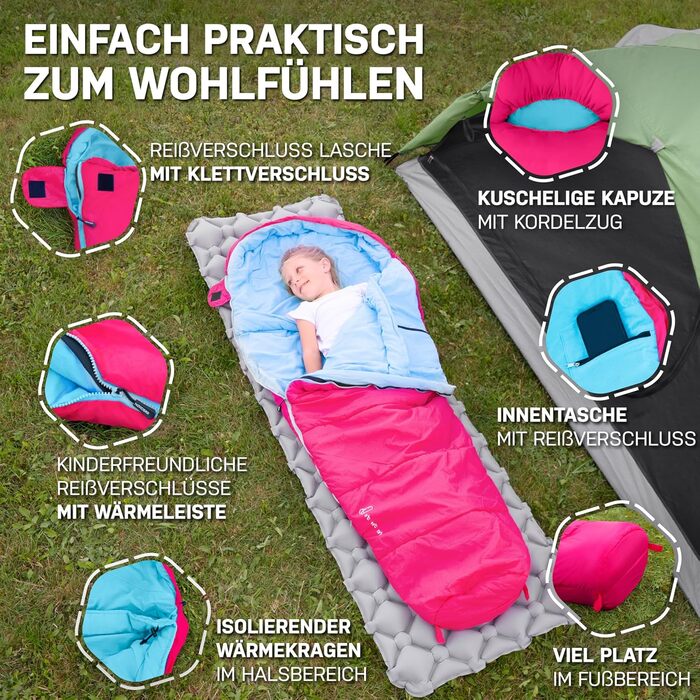 Дитячий спальний мішок для хлопчиків та дівчаток до 145 см | 100% бавовна | Мумійний, легкий та теплий | Outdoor, кемпінг [1200г] | Кольори: фіолетовий/бірюзовий (рожевий/блакитний)